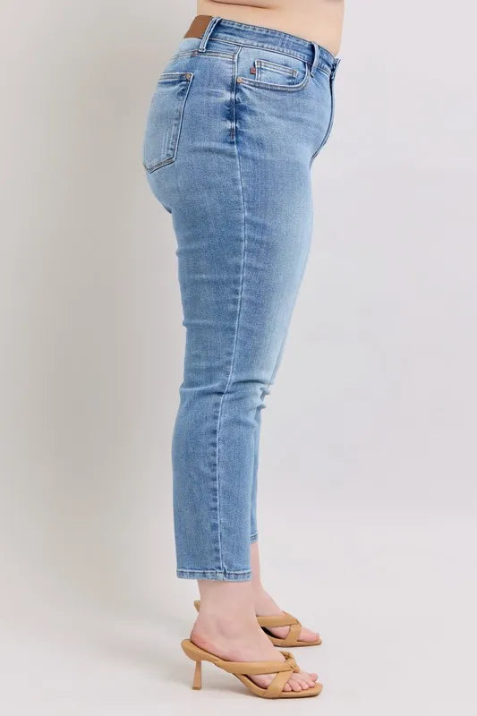 Judy Blue Full Size Mid Rise Vintage Wash Slim Jeans with Cell Phone Pocket Plus Size - Tigbul's Variety Fashion Shop