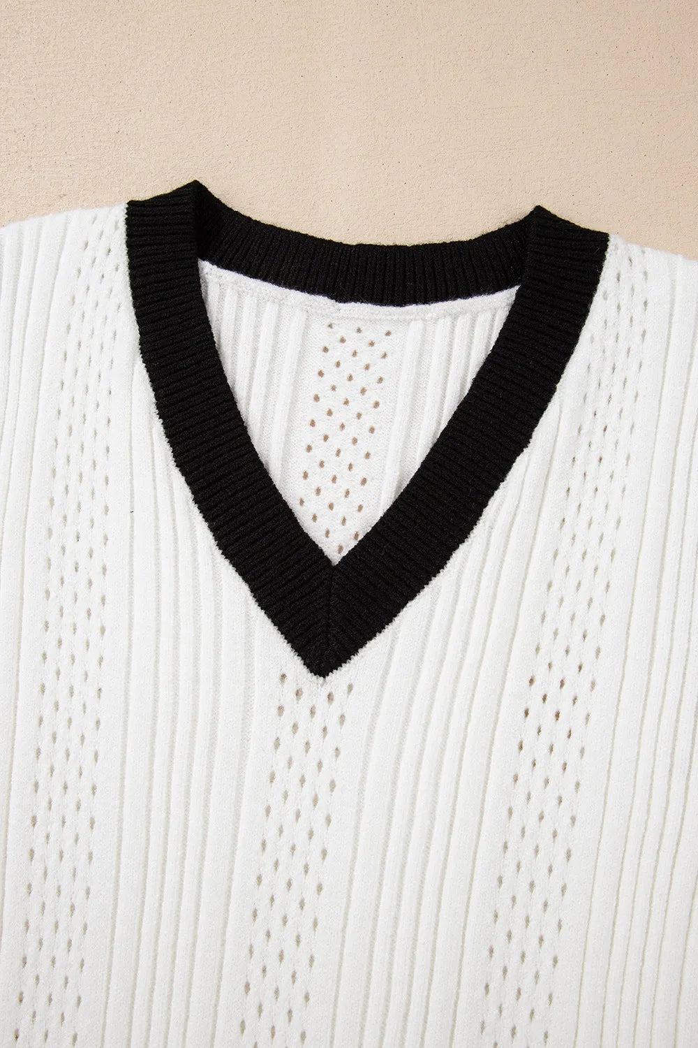 Contrast Trim Eyelet Knit V Neck White Sweater Vest - Tigbul's Variety Fashion Shop