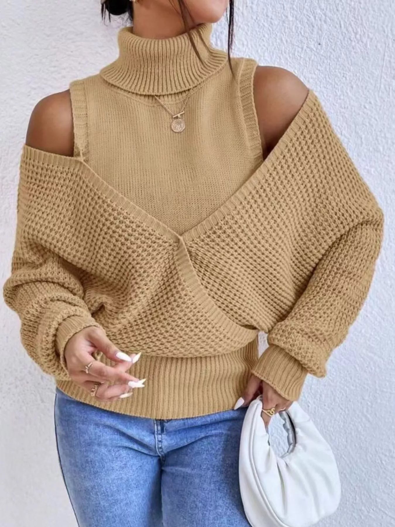 Waffle Knit Cold Shoulder Turtleneck Sweater - Tigbul's Variety Fashion Shop
