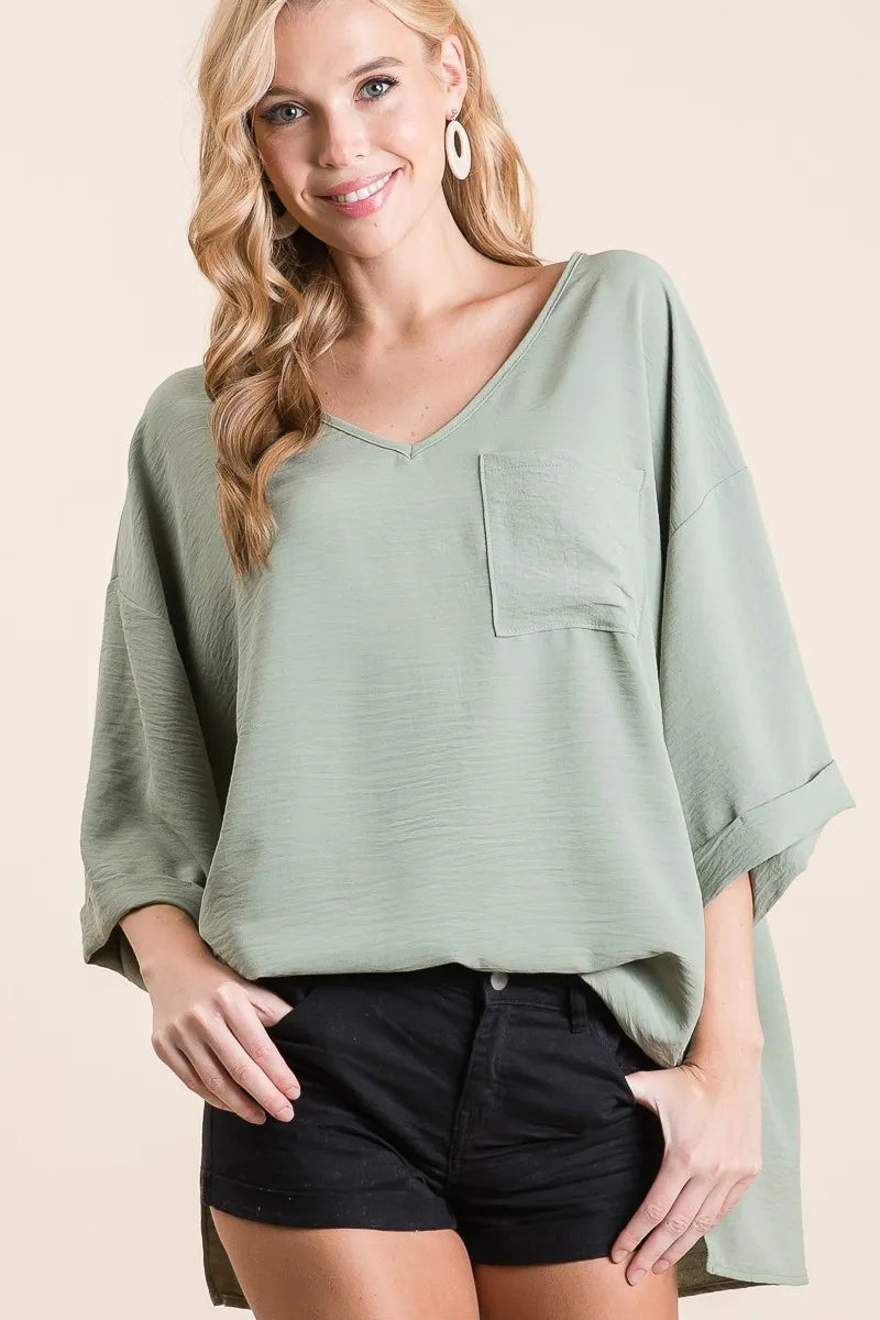 BiBi Flowy Woven V-Neck Top with Rolled Up Cuffs - Tigbul's Variety Fashion Shop