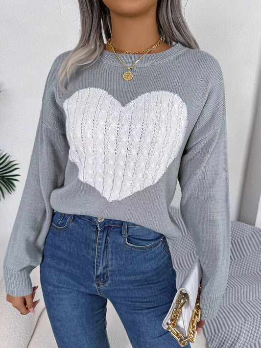 Cable Knit Heart Round Neck Sweater - Tigbul's Variety Fashion Shop