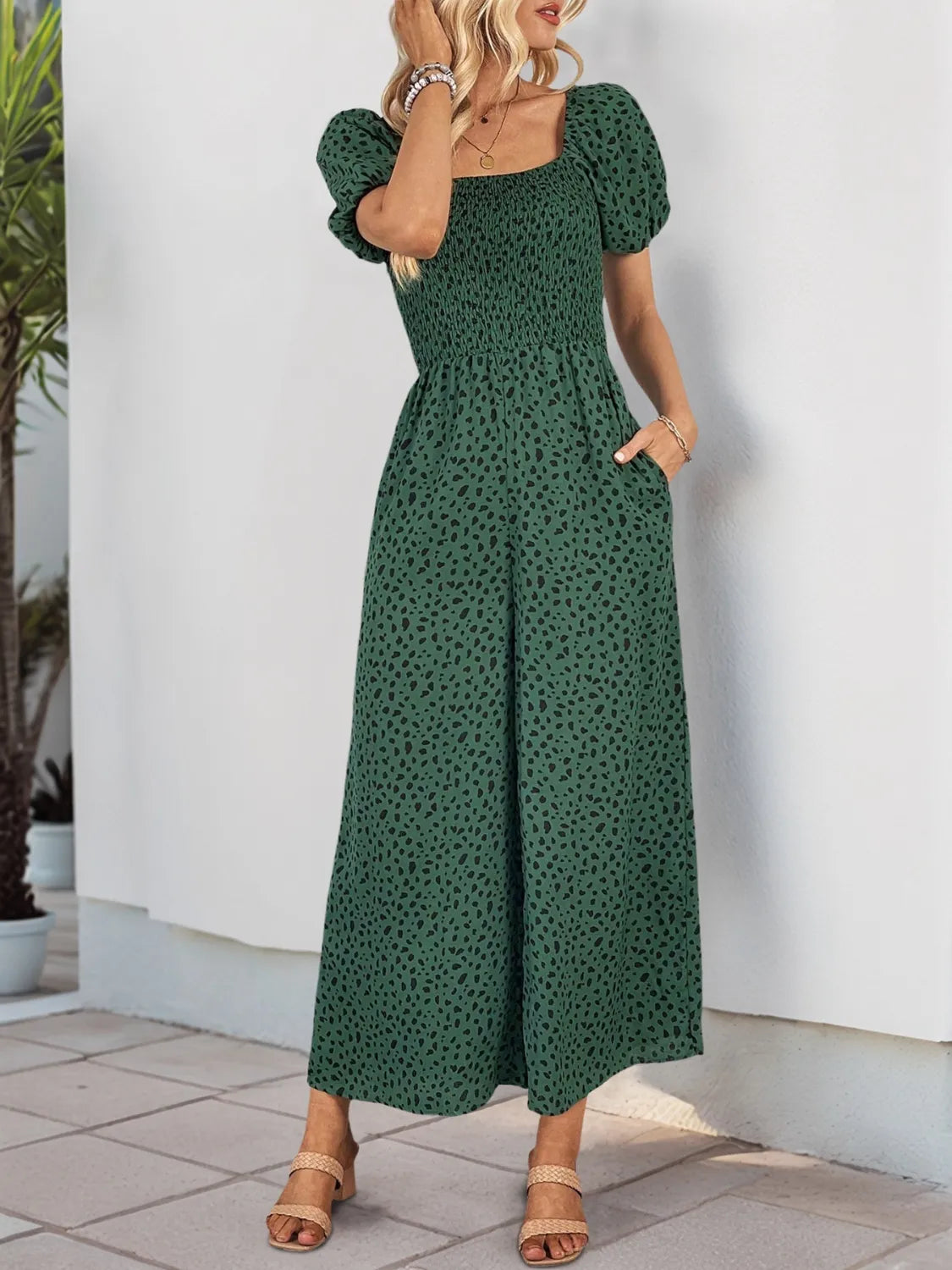 Printed Square Neck Puff Sleeve Jumpsuit - Tigbul's Variety Fashion Shop