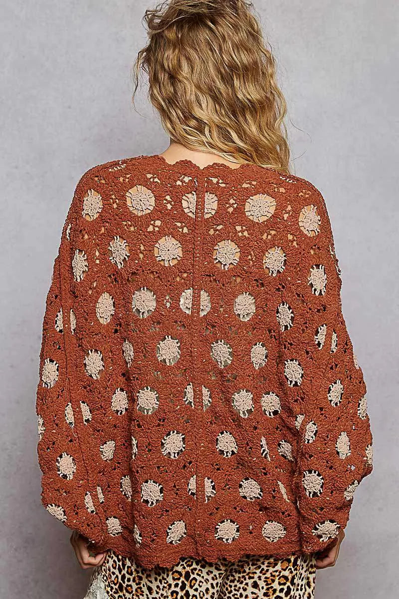POL Openwork V-Neck Chenille Cardigan with Contrast Floral - Tigbul's Variety Fashion Shop
