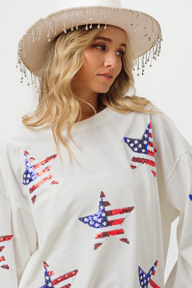 Off White American Flag Sequin Star Sweatshirt - Tigbul's Variety Fashion Shop