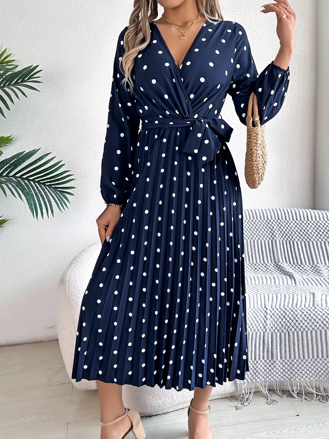 Front Tie Polka Dot Midi Pleated Dress - Tigbul's Variety Fashion Shop