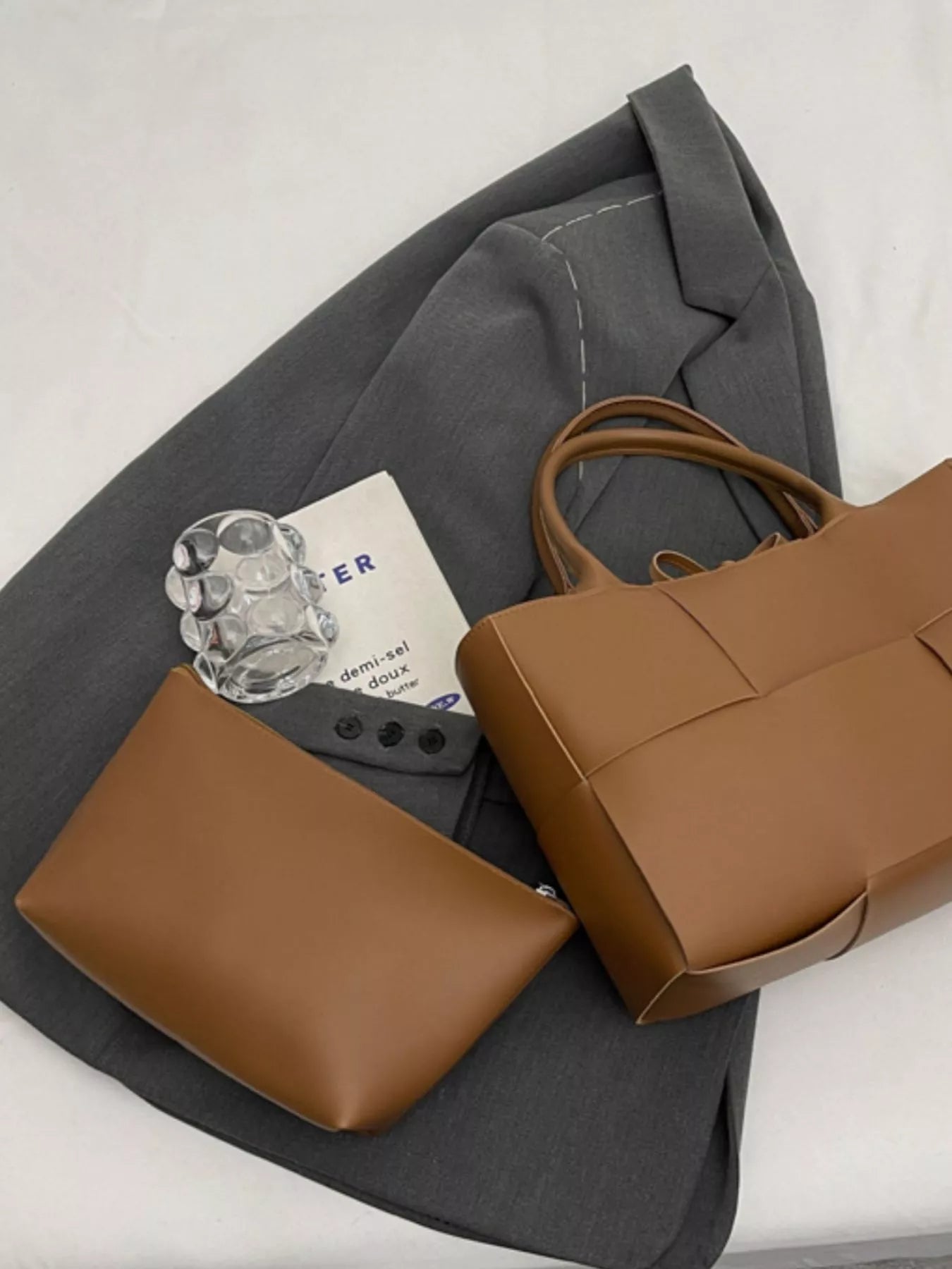 Woven Faux Leather Tote Bag - Tigbul's Variety Fashion Shop