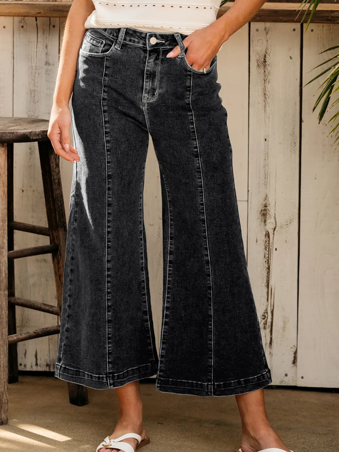 Seam Detail Flared Bottom Ankle Length Jeans - Tigbul's Variety Fashion Shop