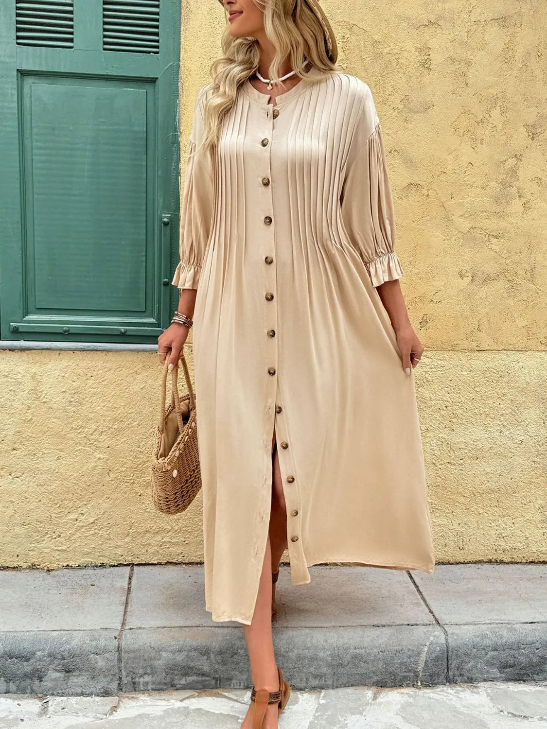 Button Front Flounce Sleeve Tan Dress - Tigbul's Variety Fashion Shop