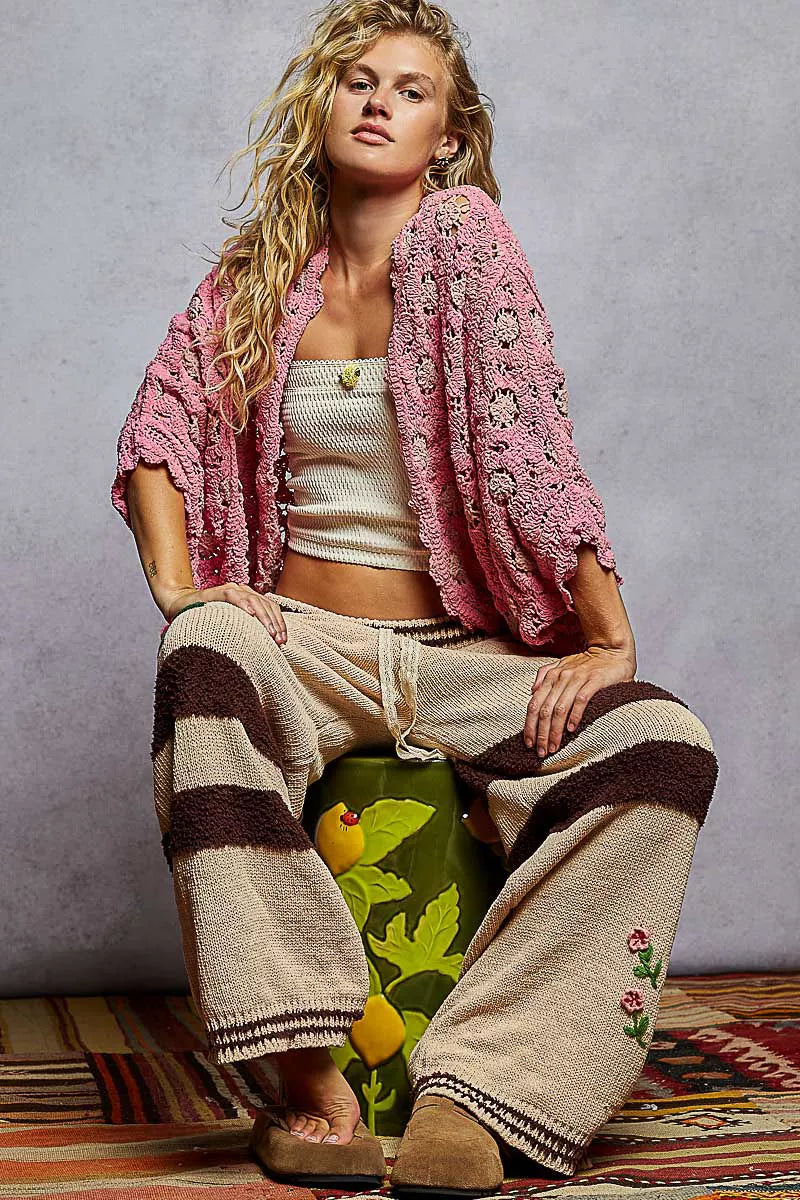 POL Openwork V-Neck Chenille Cardigan with Contrast Floral - Tigbul's Variety Fashion Shop