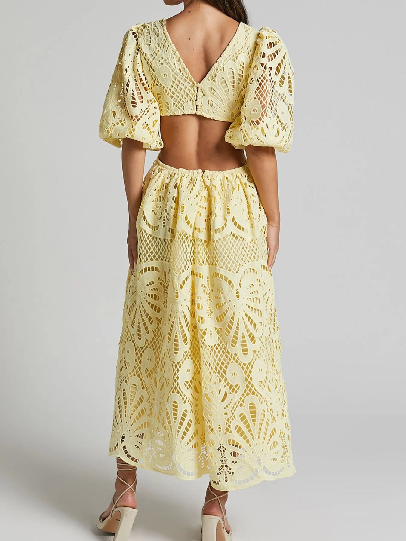 Cutout Back Lace Crochet V-Neck Dress - Tigbul's Variety Fashion Shop