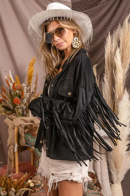 Black Suede Fringe Long Sleeve Jacket - Tigbul's Variety Fashion Shop