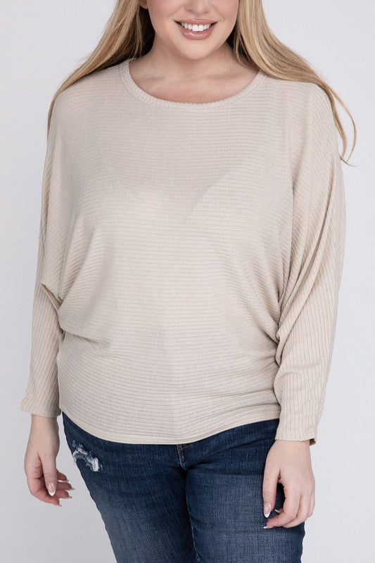 Plus Ribbed Batwing Long Sleeve Boat Neck Sweater - Tigbul's Variety Fashion Shop
