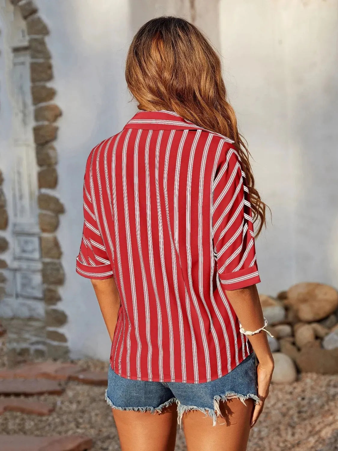 Striped Collared Neck Half Sleeve Shirt - Tigbul's Variety Fashion Shop