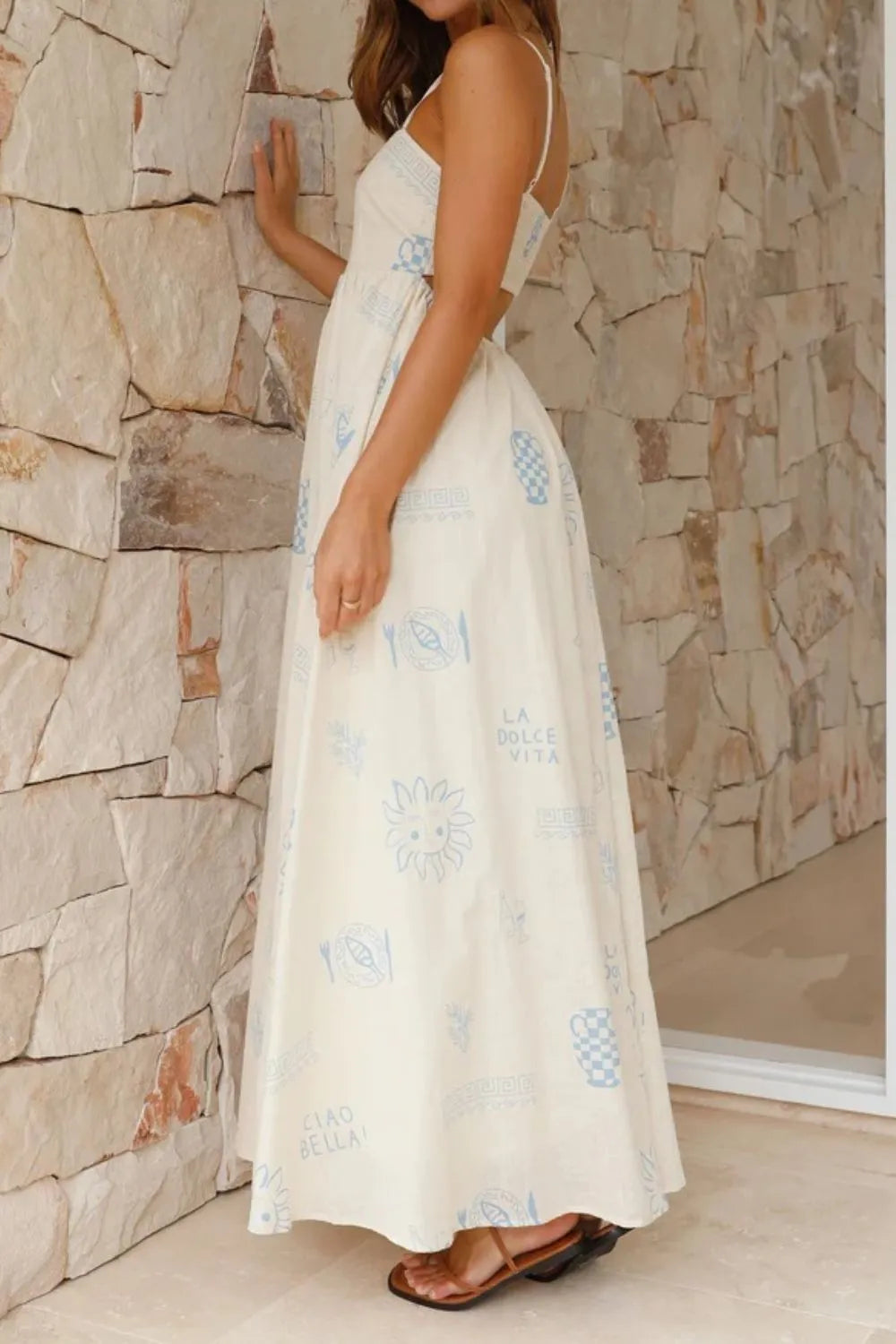 Cutout Back Printed Square Neck Maxi Cami Dress - Tigbul's Variety Fashion Shop