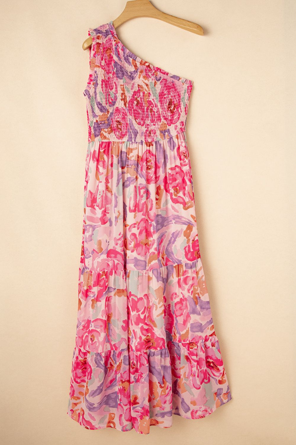 Floral Print Shirred One Shoulder Maxi Dress - Tigbul's Variety Fashion Shop
