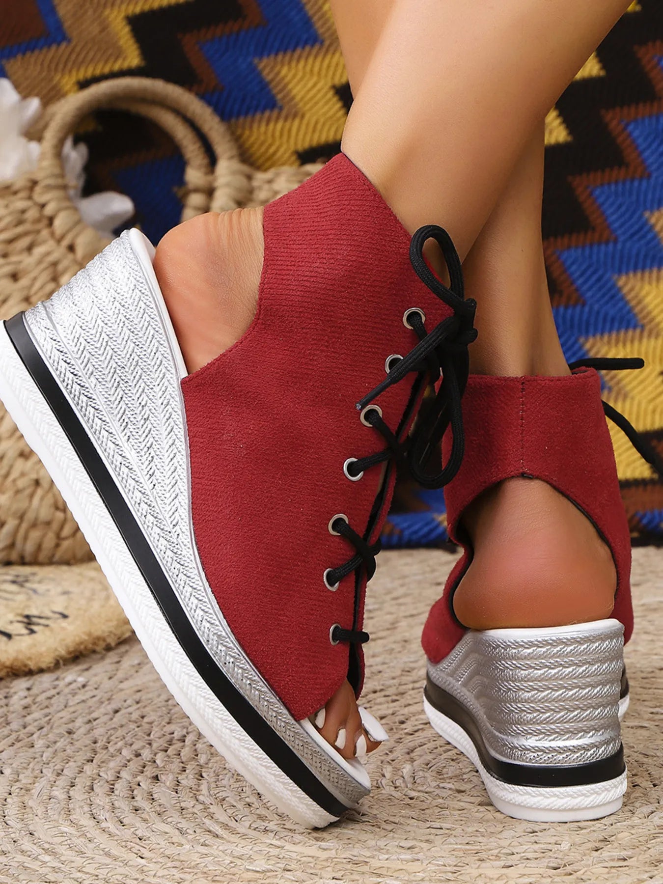 Lace Up Open Toe Wedge Sandals - Tigbul's Variety Fashion Shop