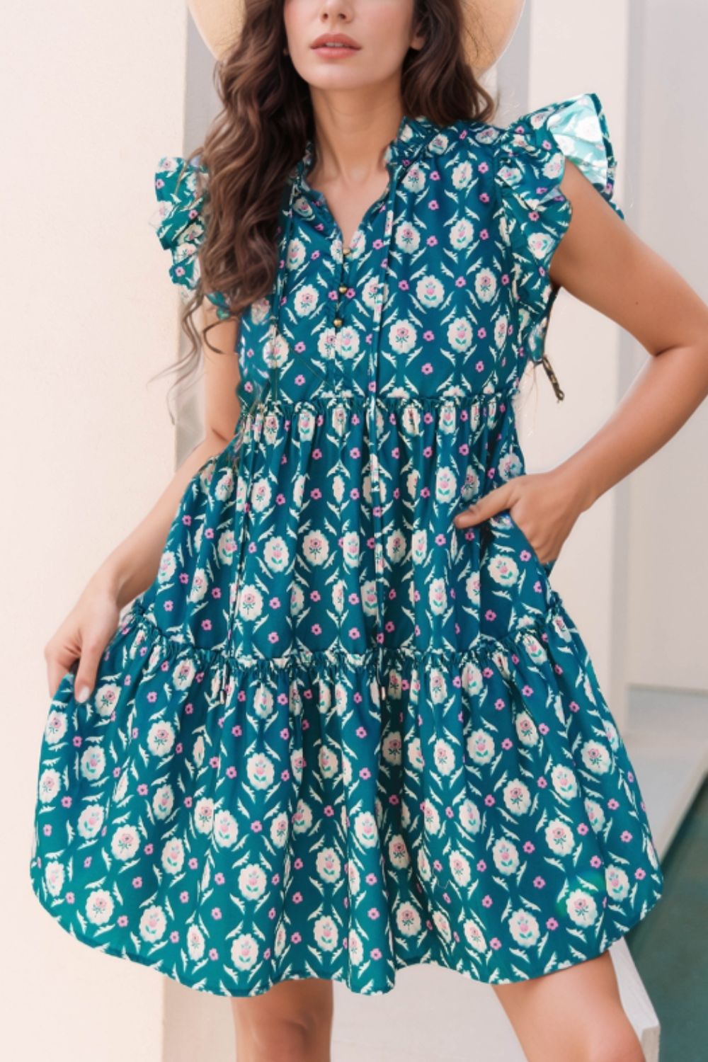 Printed Tie Neck Ruffled Cap Sleeve Dress - Tigbul's Variety Fashion Shop