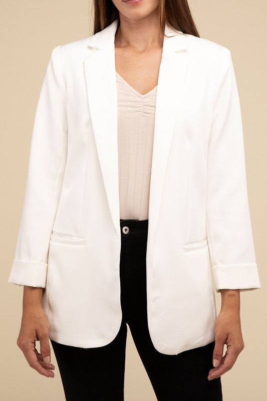 Woven Long Sleeve Open Front Classic Blazer - Tigbul's Variety Fashion Shop