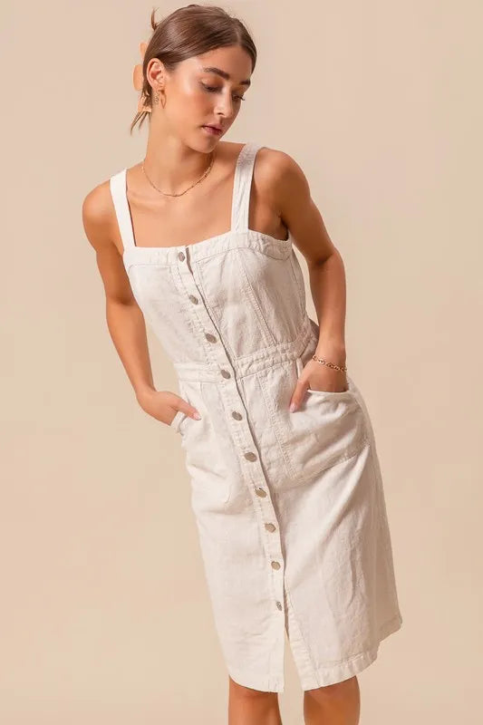 Button Down Pocket Front Off White Pinafore Dress - Tigbul's Variety Fashion Shop