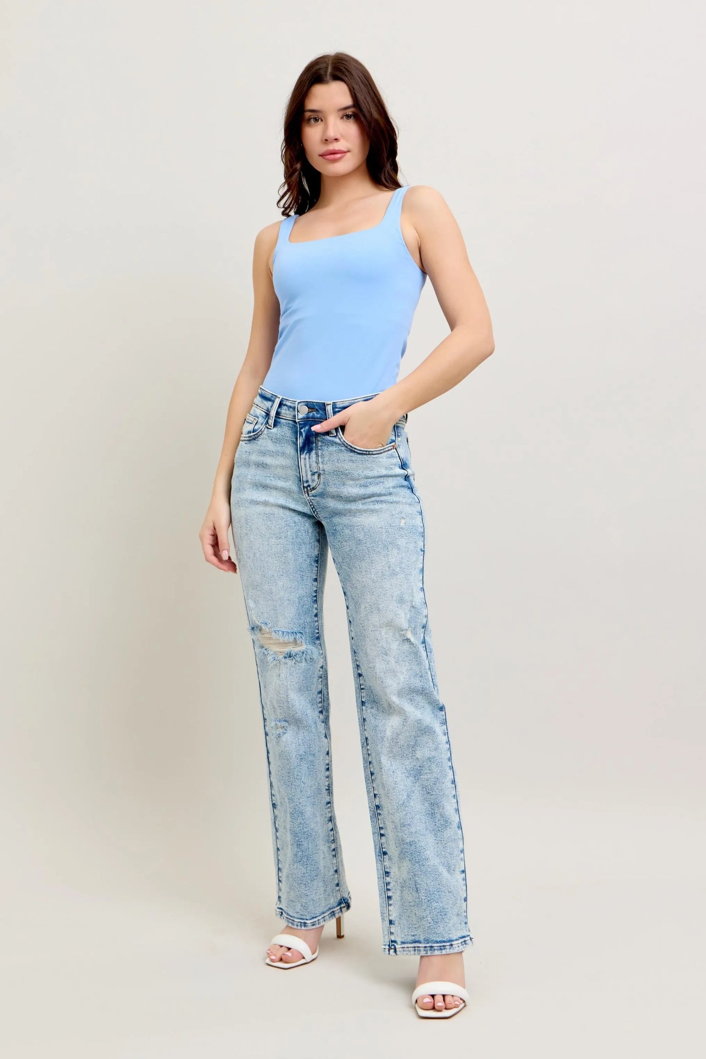 Judy Blue High Waist Mineral Wash Distressed 90's Straight Jeans - Tigbul's Variety Fashion Shop