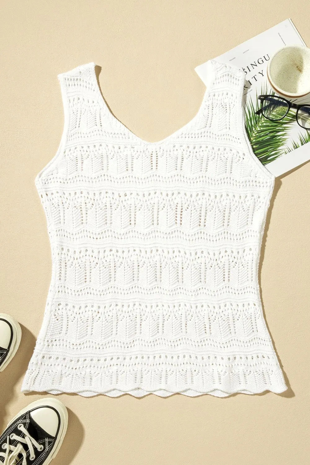 White V Neck Textured Hollow-Out Sweater Vest - Tigbul's Variety Fashion Shop