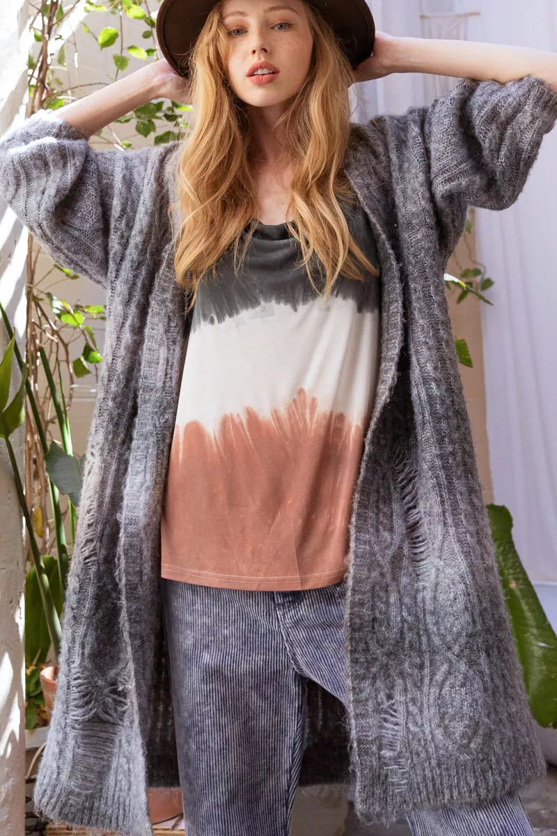 POL Distressed Cable-Knit Ombre Dying Cardigan - Tigbul's Variety Fashion Shop