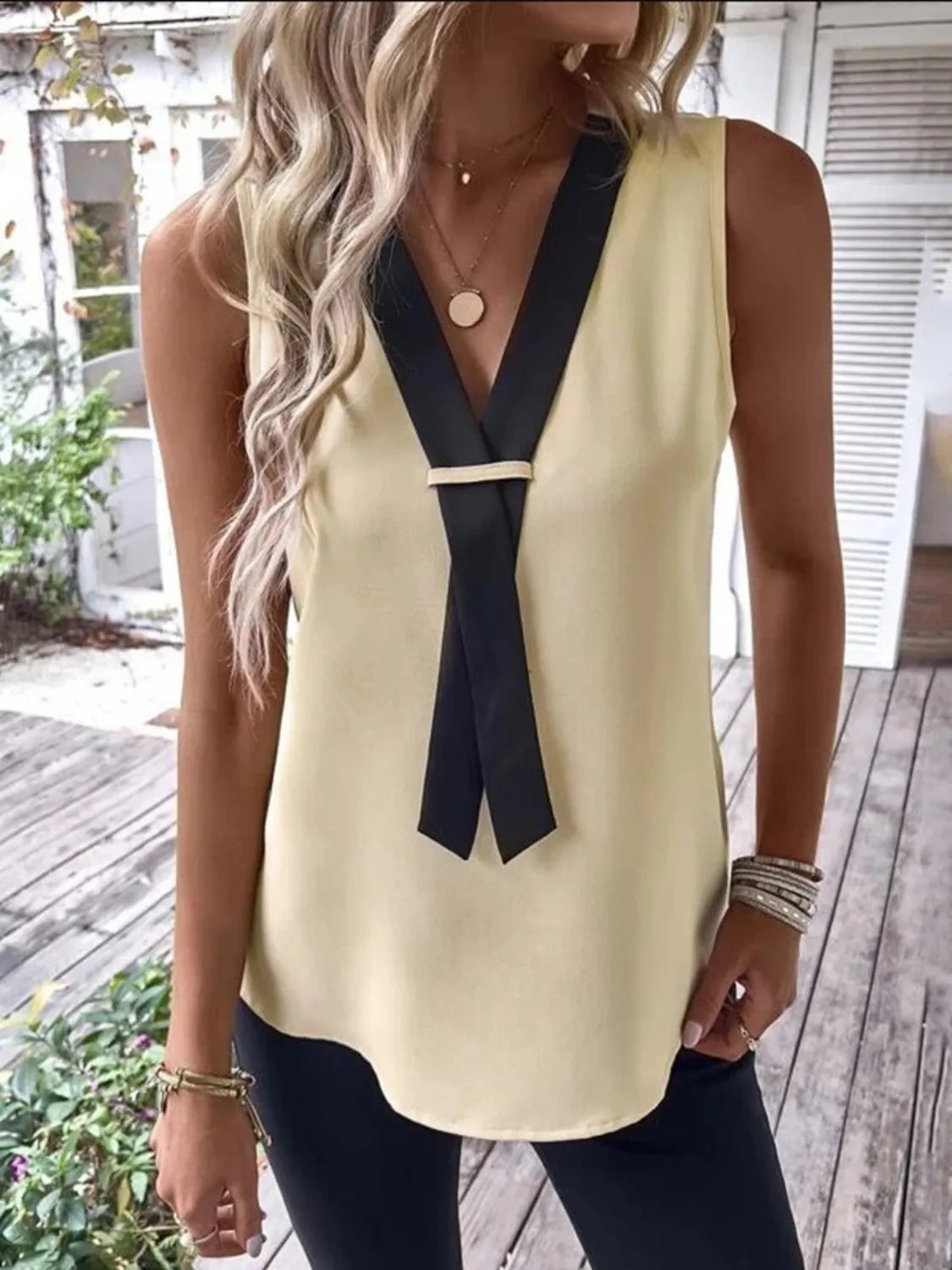 V-Neck Contrast Tank Shirt - Tigbul's Variety Fashion Shop
