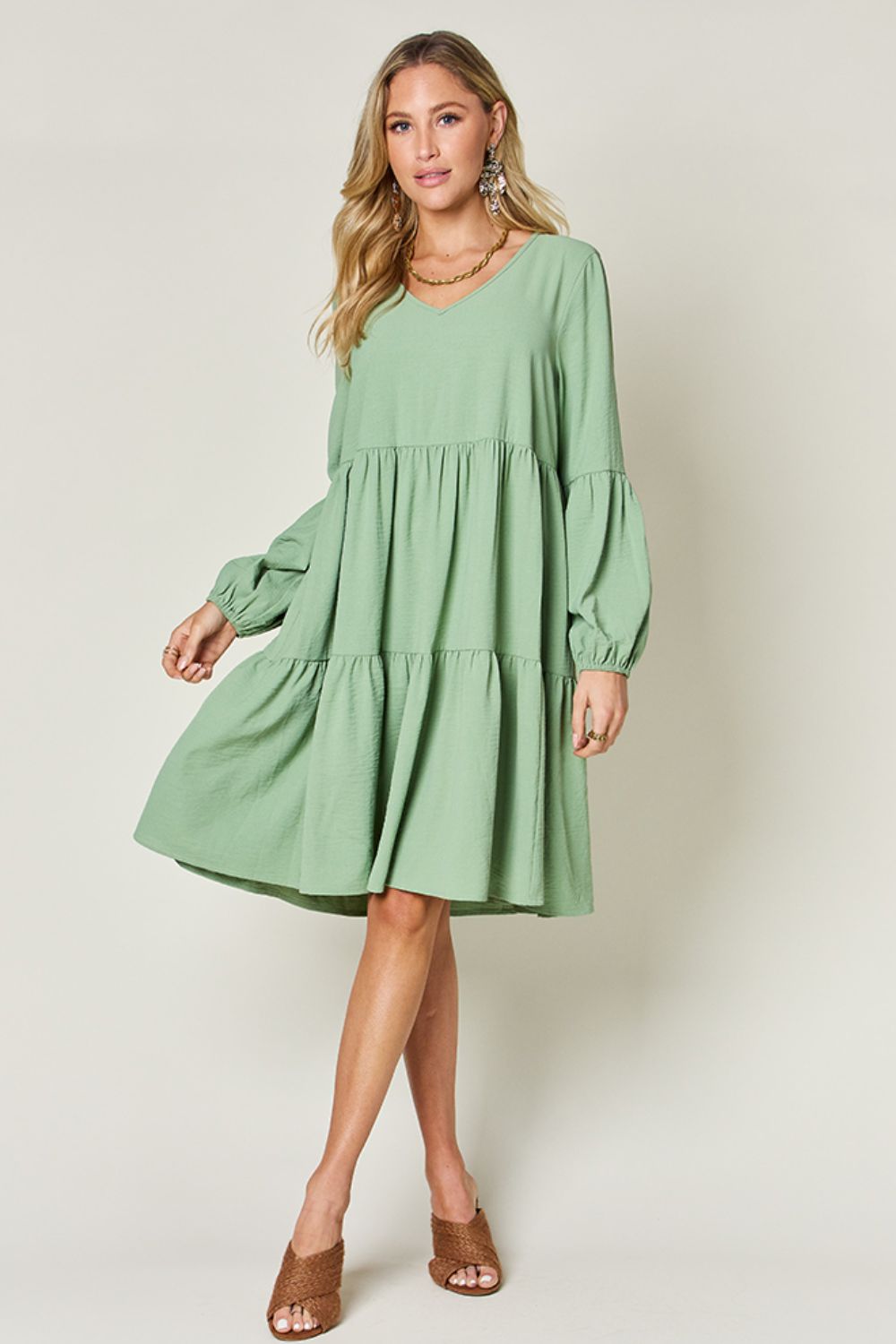 V-Neck Balloon Sleeve Tiered Dress with Pockets - Tigbul's Variety Fashion Shop