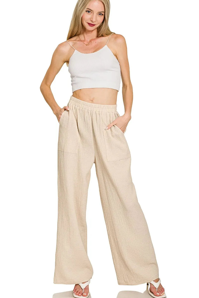 Zenana Double Gauze Elastic Band Pants - Tigbul's Variety Fashion Shop