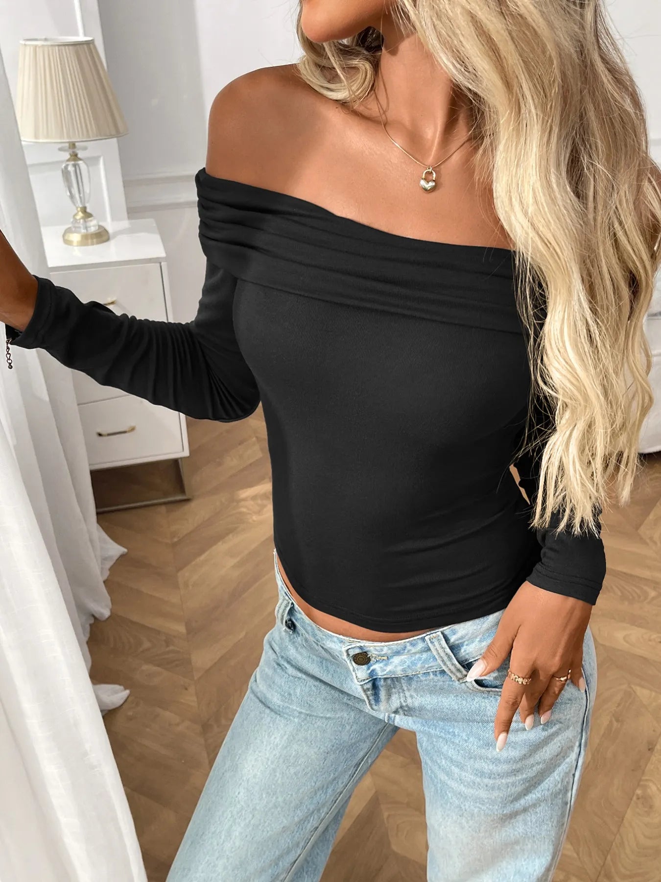 Off-Shoulder Long Sleeve Fitted T-Shirt - Tigbul's Variety Fashion Shop