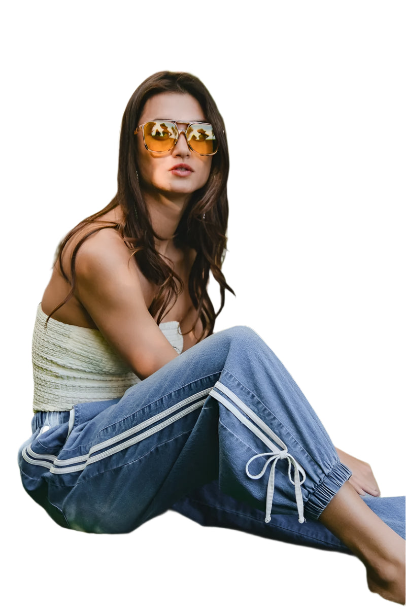 BiBi Striped Tape Details With Bot Tied Point Elastic Waist Jeans - Tigbul's Variety Fashion Shop