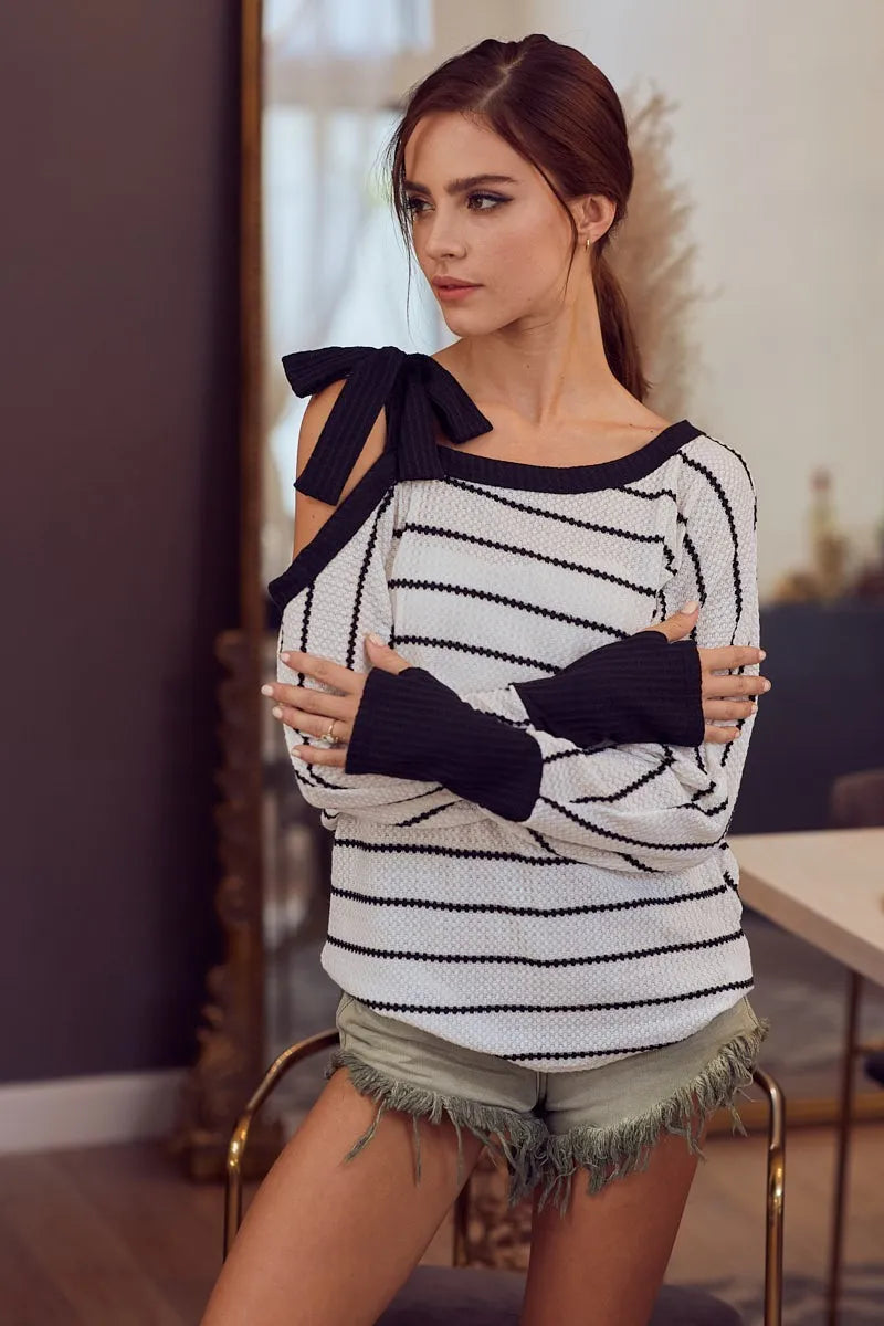 Stripe Yarn Dye Waffle One Shoulder Ribbon Detail Top - Tigbul's Variety Fashion Shop