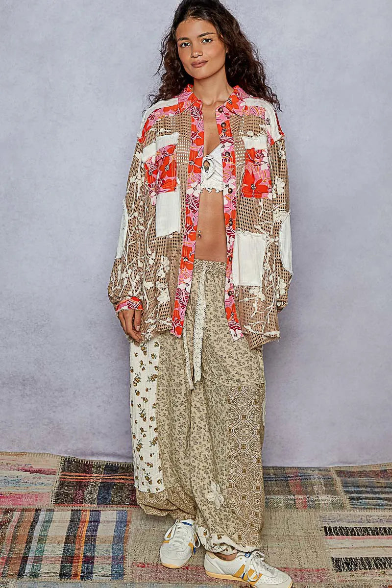 POL Floral Print Crochet Button Up Shirt - Tigbul's Variety Fashion Shop