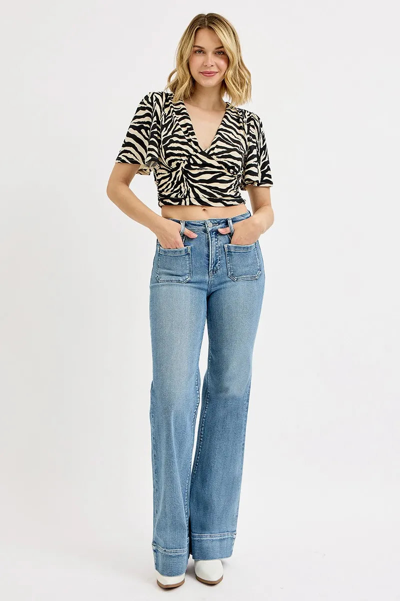 RISEN Full Size High Rise Wide Flare Patch Pocket Jeans Plus Size - Tigbul's Variety Fashion Shop