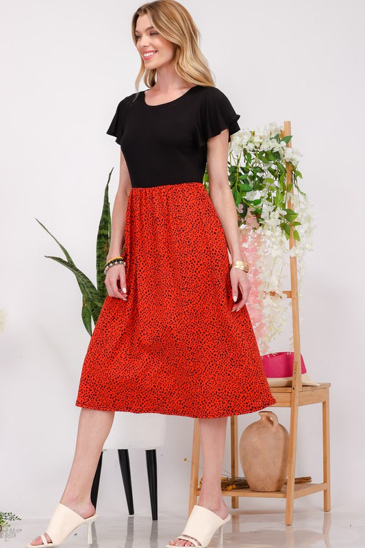 Two Tone Animal Print Flutter Sleeve Midi Dress - Tigbul's Variety Fashion Shop