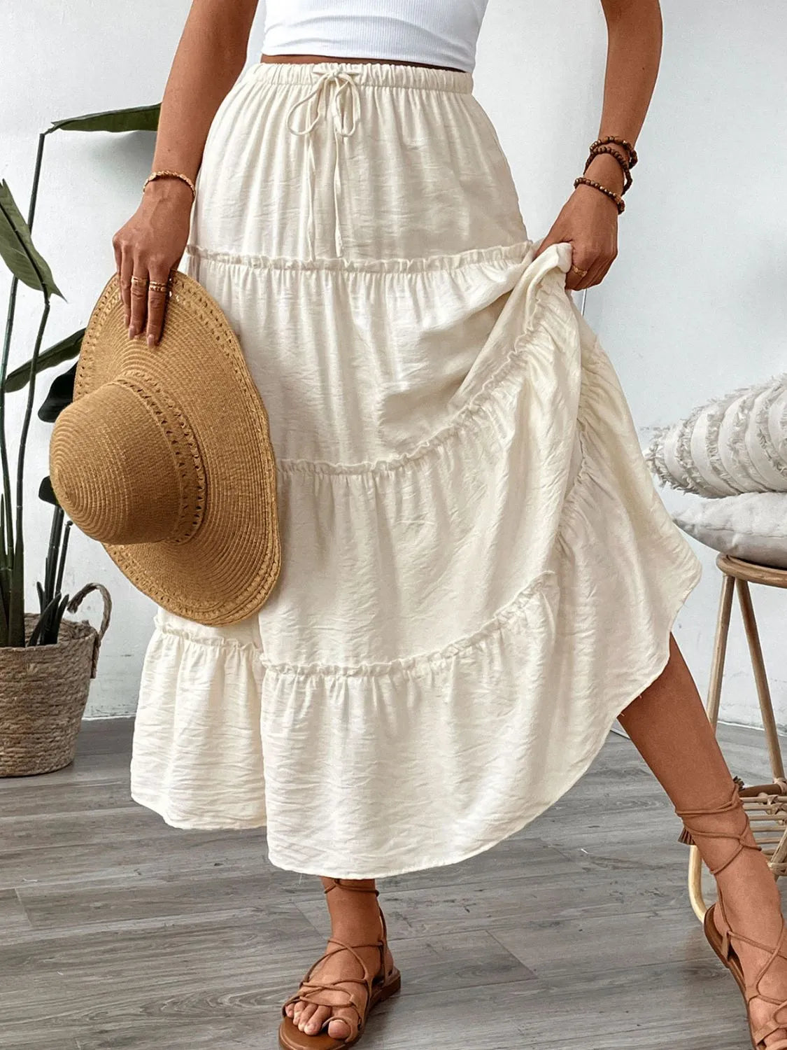 Drawstring Frill Tiered Cream Color Skirt - Tigbul's Variety Fashion Shop