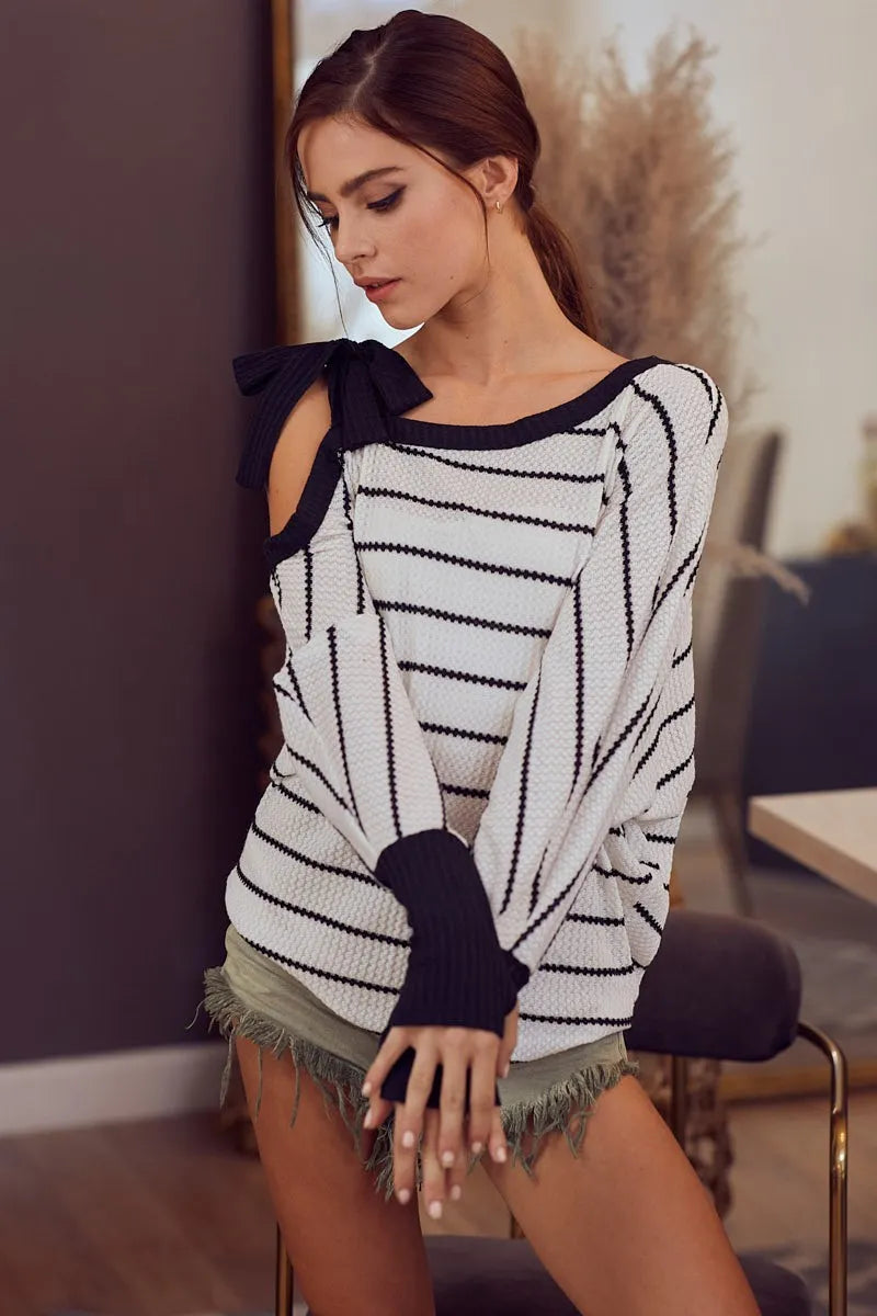 Stripe Yarn Dye Waffle One Shoulder Ribbon Detail Top - Tigbul's Variety Fashion Shop