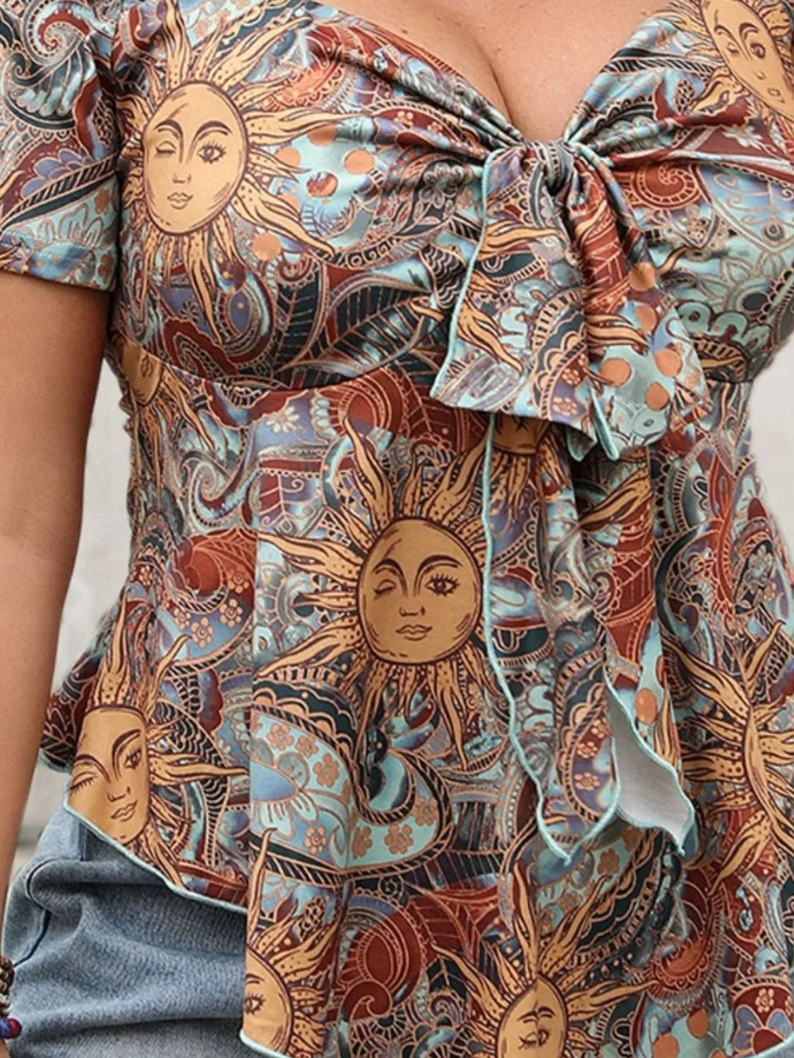 Plus Size Printed Sweetheart Neck Short Sleeve Blouse - Tigbul's Variety Fashion Shop