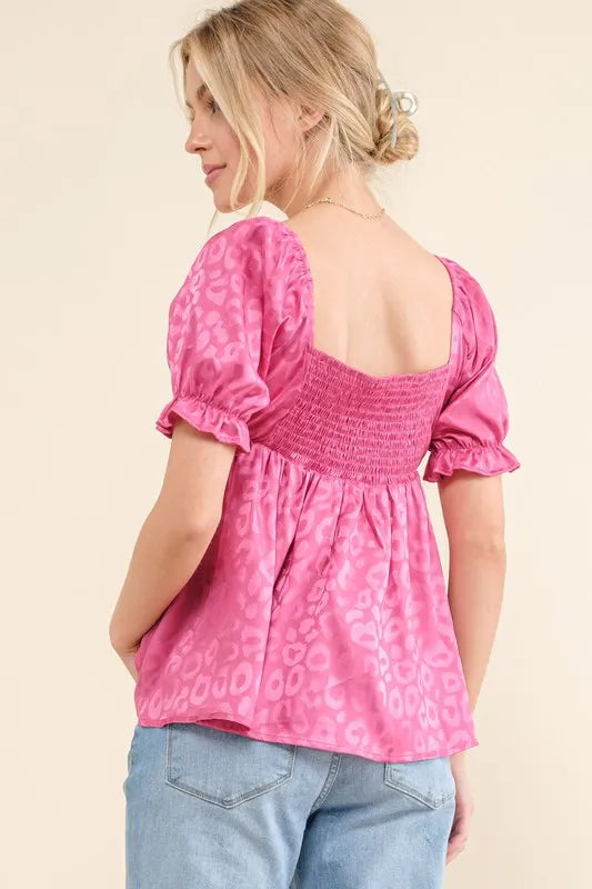 Fuchsia Satin Leopard V Wired Puff Sleeves Blouse - Tigbul's Variety Fashion Shop