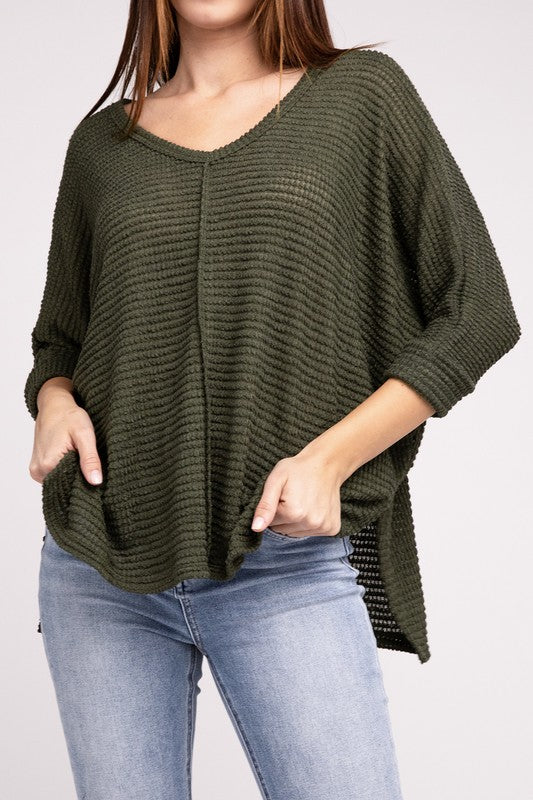 3/4 Sleeve V-Neck Hi-Low Hem Jacquard Sweater - Tigbul's Variety Fashion Shop