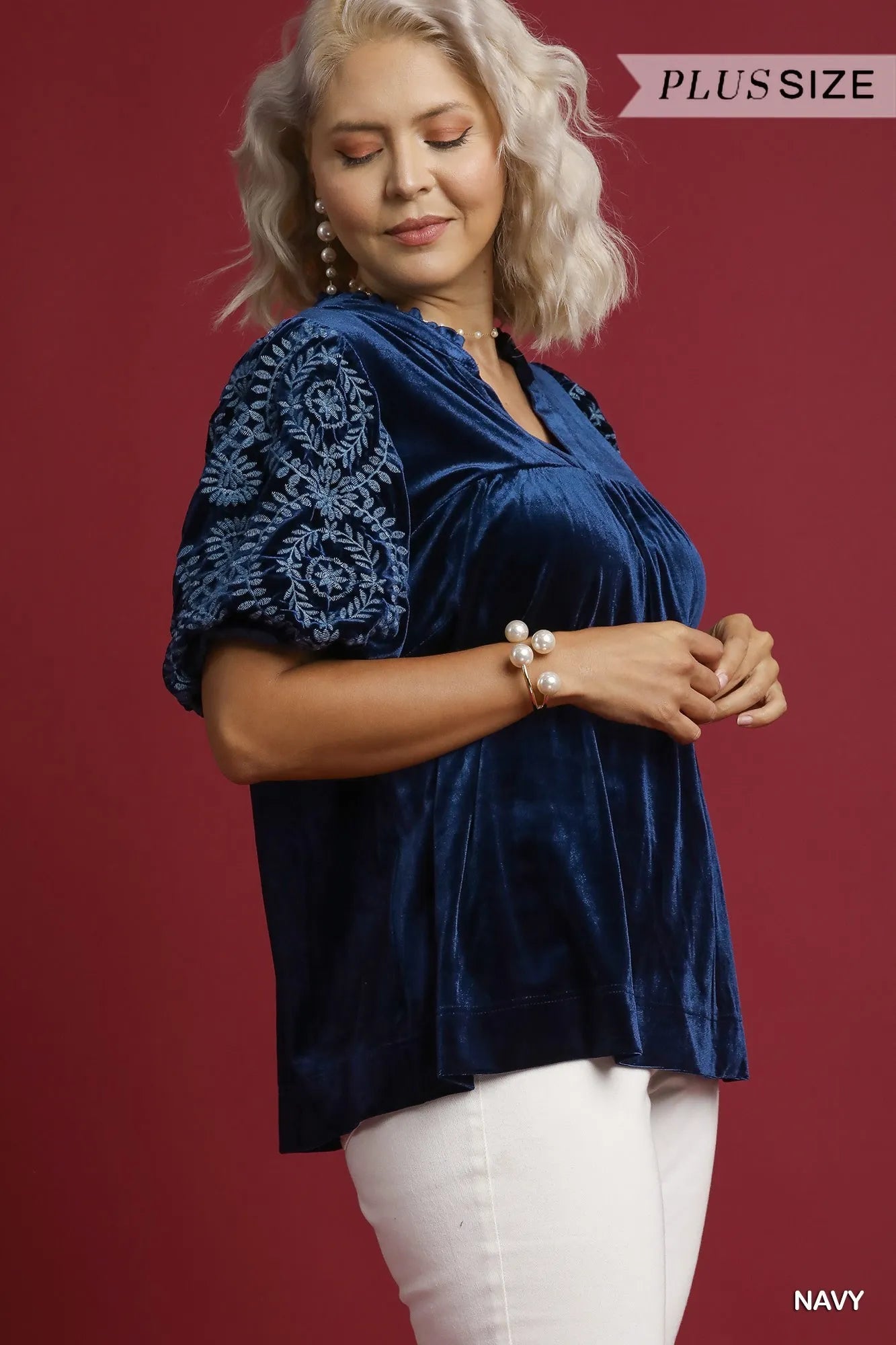 Umgee Full Size Velvet Embroidered Sleeve Blouse Plus Size - Tigbul's Variety Fashion Shop