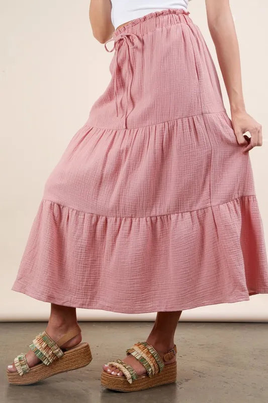 Pink Elastic Waist Tiered Maxi Skirt - Tigbul's Variety Fashion Shop