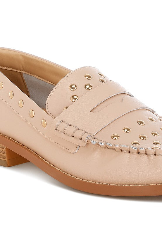 Oglavia Studs Embellished Leather Loafers - Tigbul's Variety Fashion Shop