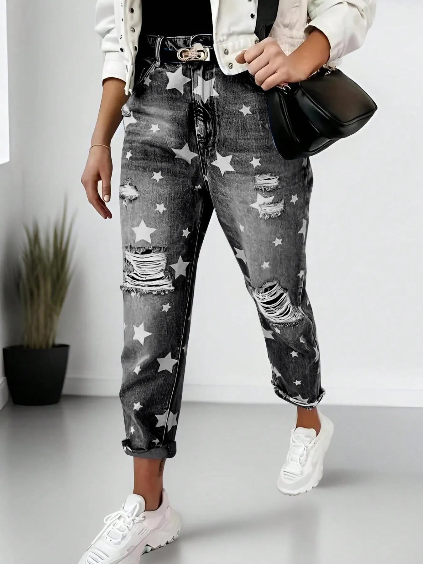 Star Print Distressed High Waist Boyfriend Jeans - Tigbul's Variety Fashion Shop