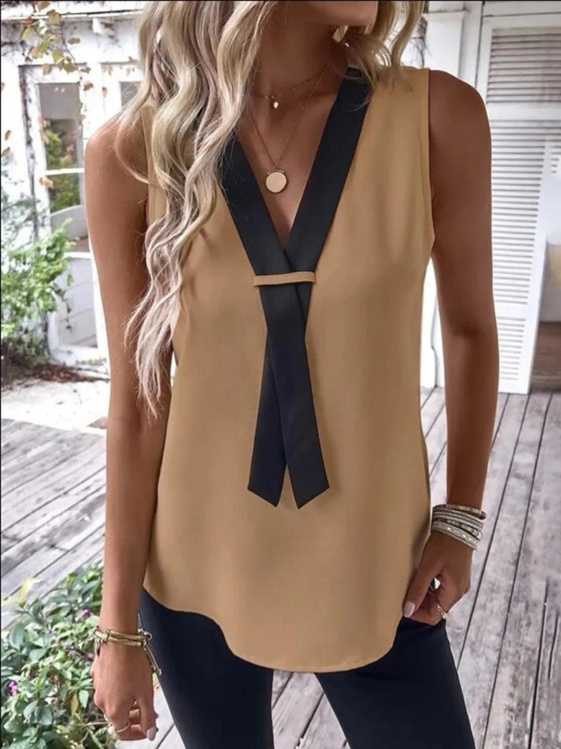 V-Neck Contrast Tank Shirt - Tigbul's Variety Fashion Shop