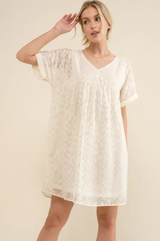 Woven Leopard Baby Doll Roll-Sleeve Casual White Dress - Tigbul's Variety Fashion Shop