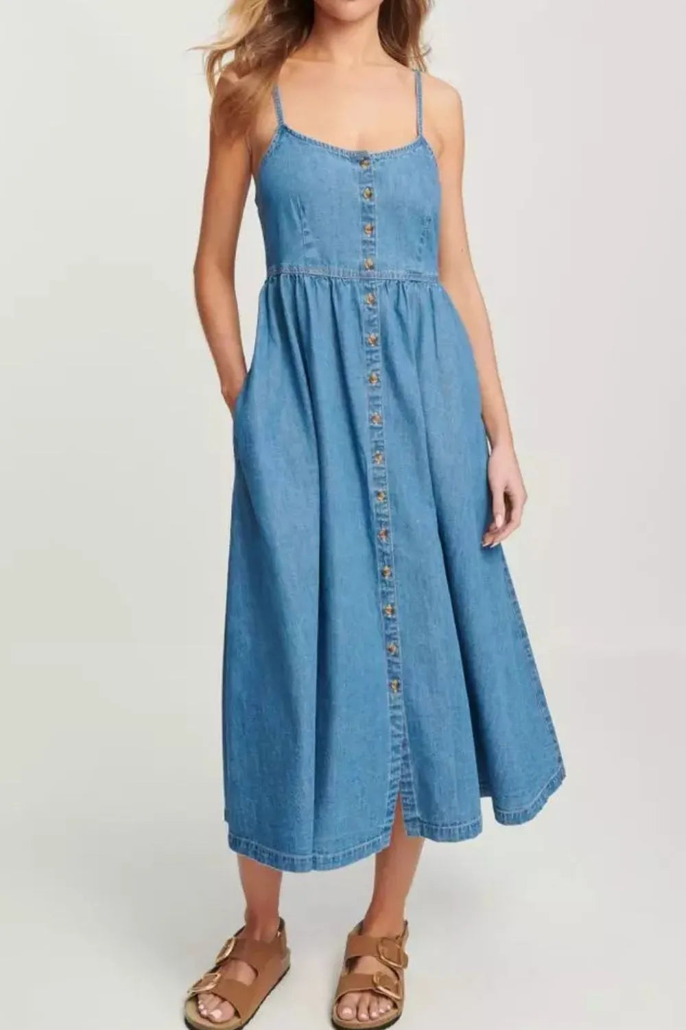 Button Front Blue Denim Cami Dress - Tigbul's Variety Fashion Shop