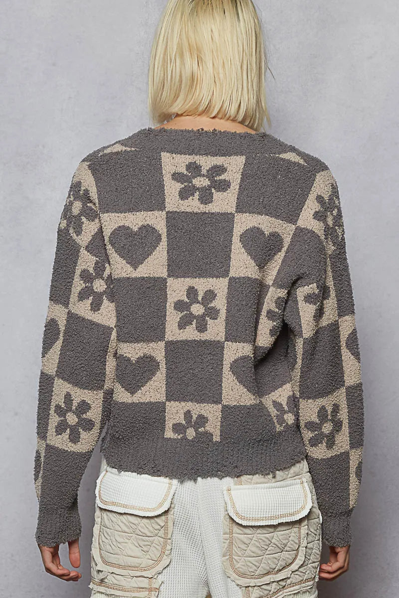 POL V-Neck Heart Pattern Checkered Sweater - Tigbul's Variety Fashion Shop