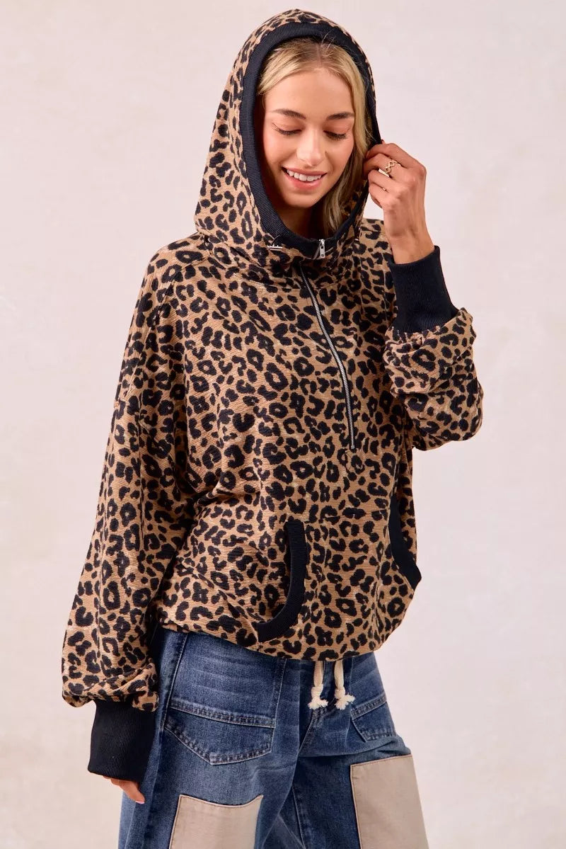 BiBi Leopard Print Waffle Half Zip Up Hoodie W Pocket - Tigbul's Variety Fashion Shop