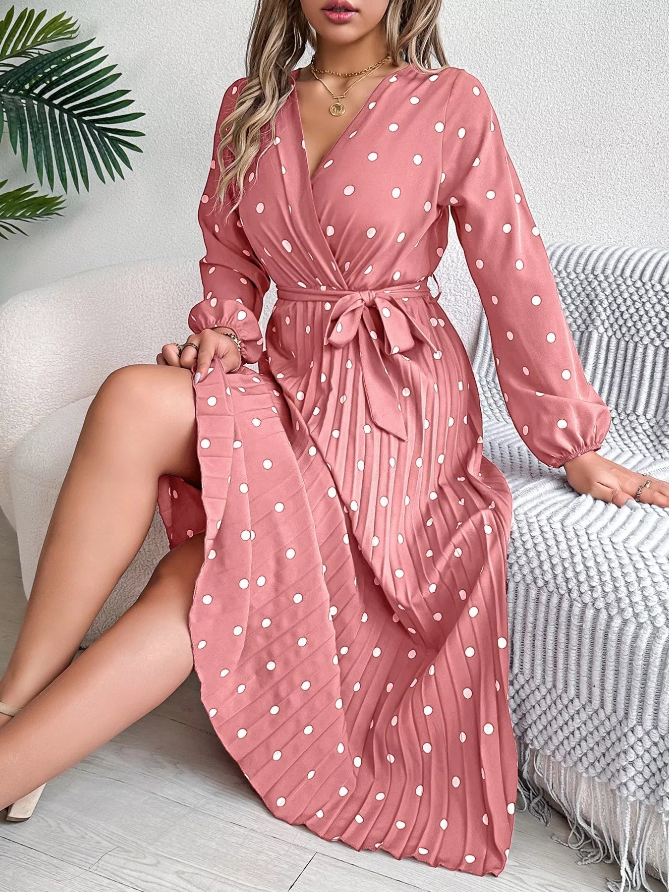 Front Tie Polka Dot Midi Pleated Dress - Tigbul's Variety Fashion Shop
